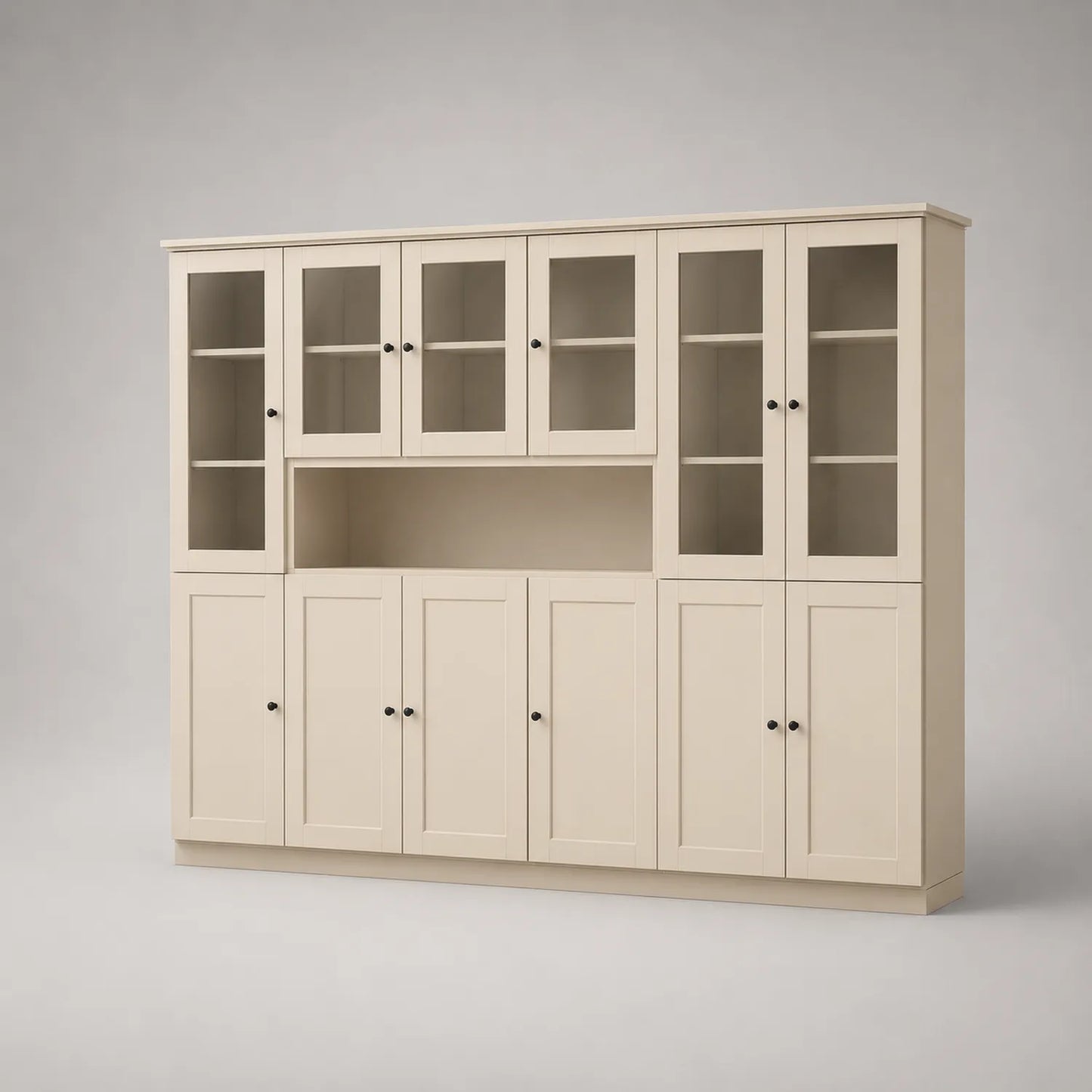 Beige Holz Bücherregal mit Glasvitrine und 10 Türen