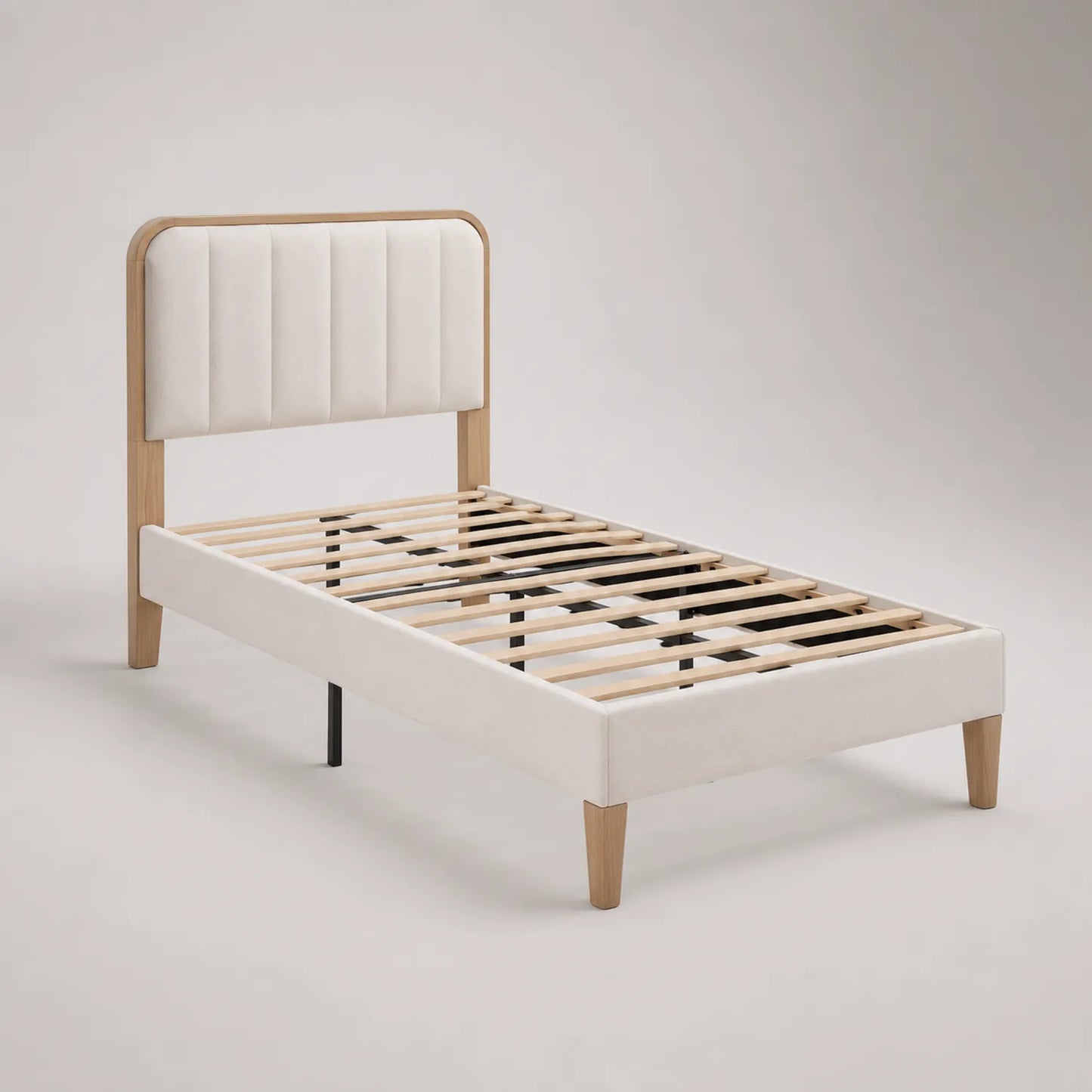 Einzelbett Holz Massivholzrahmen Polyestergewebe Beige 200x90 cm