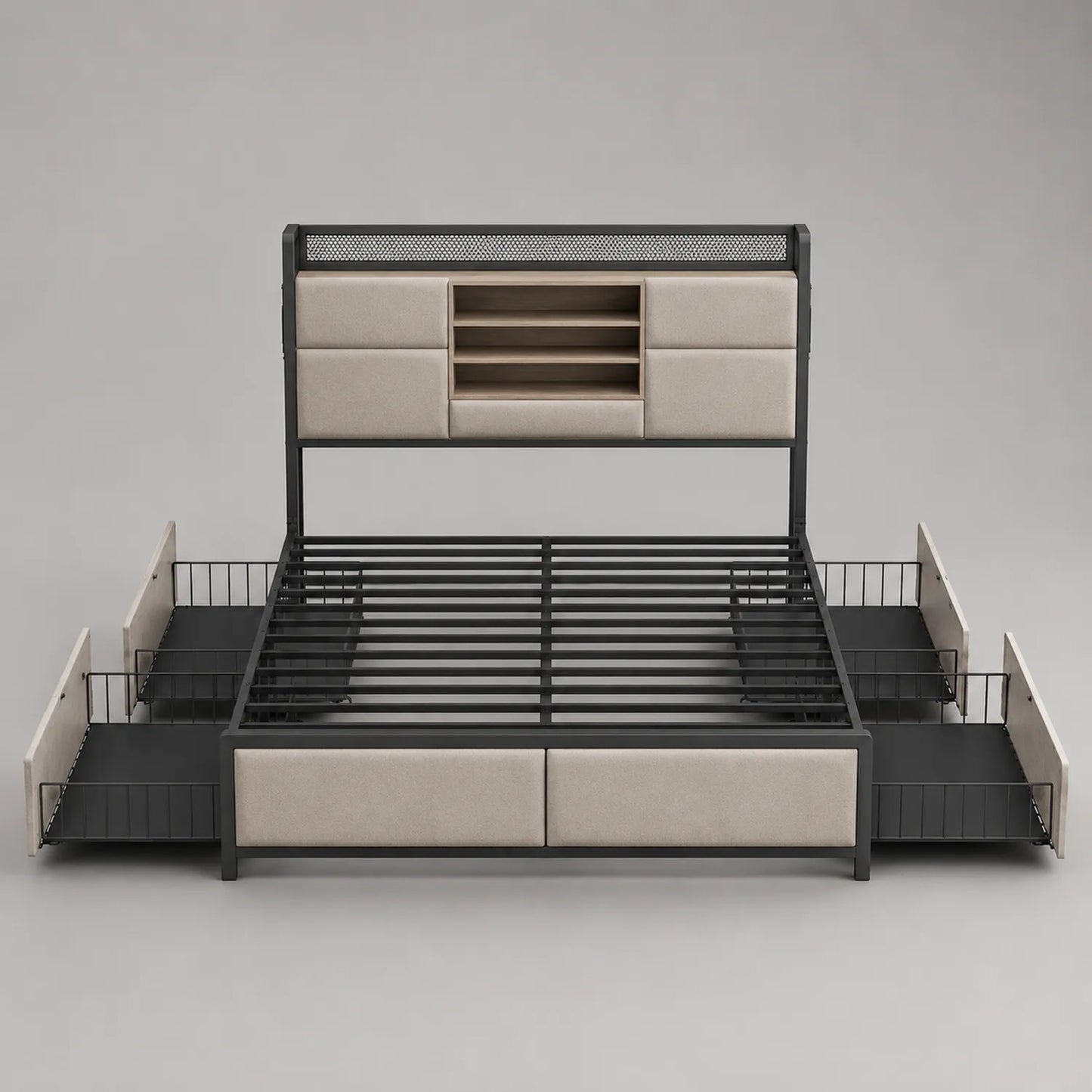 Metallbettgestell mit Polsterrückwand und Schubladen 200x180 cm Beige/Schwarz