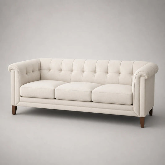 3-Sitzer Sofa Chesterfield Stil Leinen Massivholz Beige