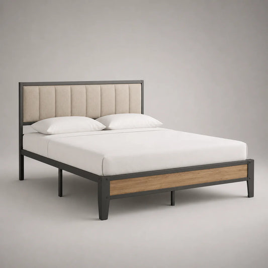 Metallbett mit Textilkopfteil und Holzdetails 200x160 cm Schwarz/Beige
