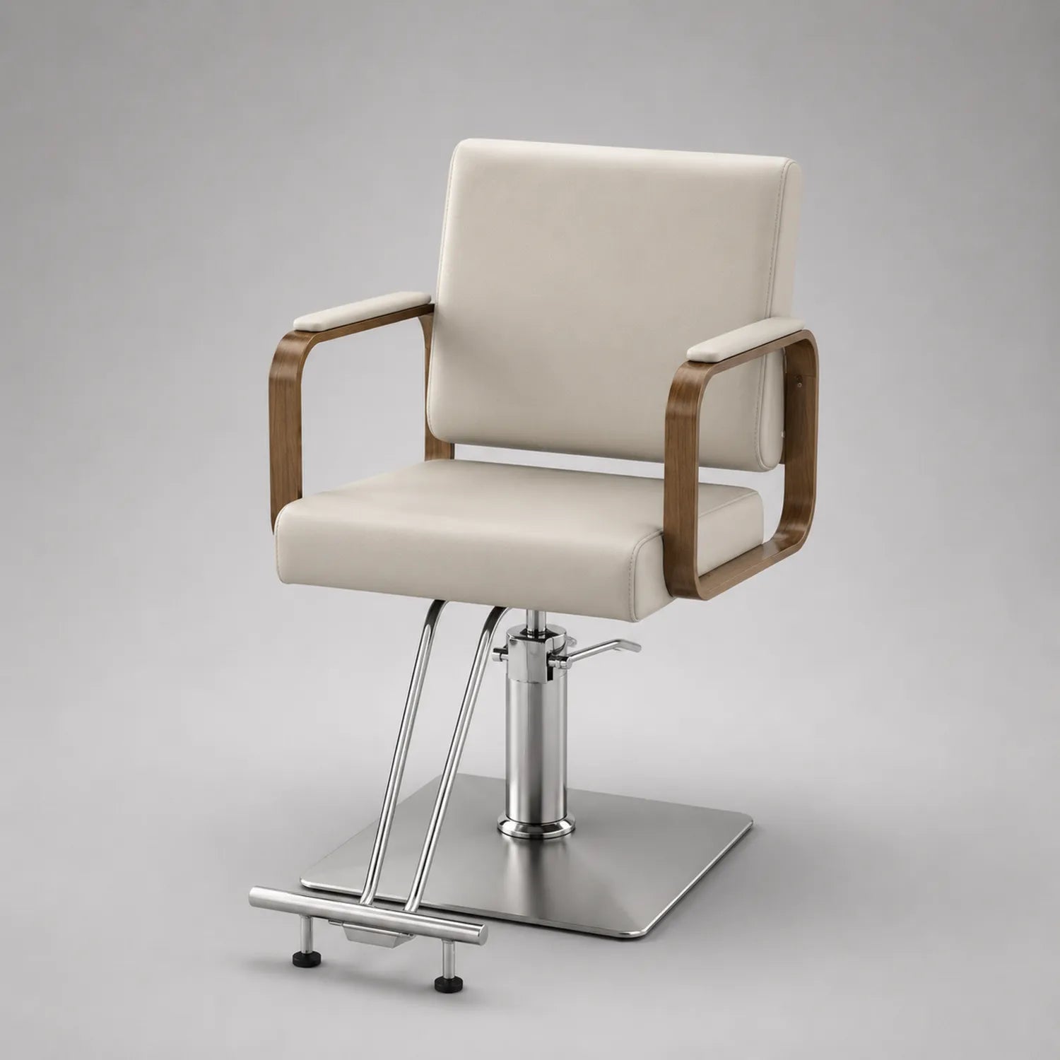 Friseurstuhl mit PU-Leder und Holzarmlehnen, hydraulisch verstellbar, Beige