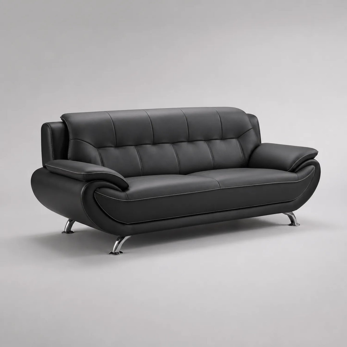 Metallgestütztes 3-Sitzer Ledersofa in Schwarz