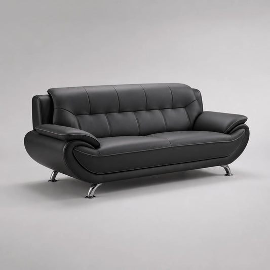 Metallgestütztes 3-Sitzer Ledersofa in Schwarz