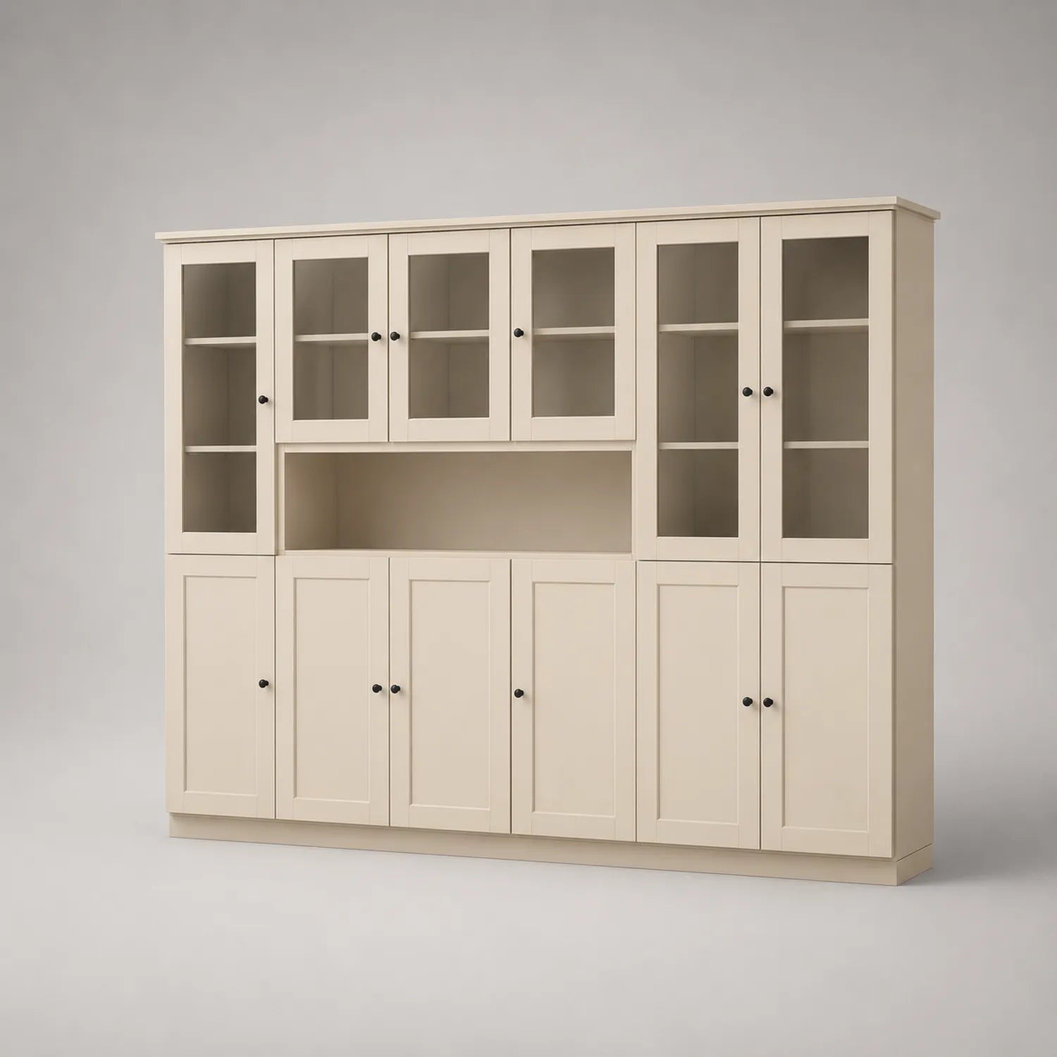 Beige Holz Bücherregal mit Glasvitrine und 10 Türen