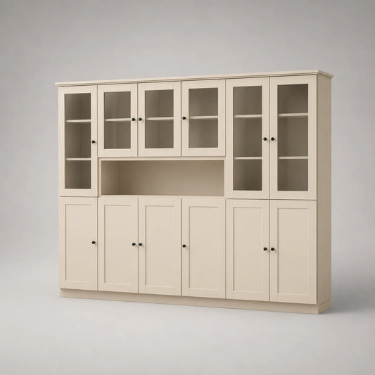 Beige Holz Bücherregal mit Glasvitrine und 10 Türen