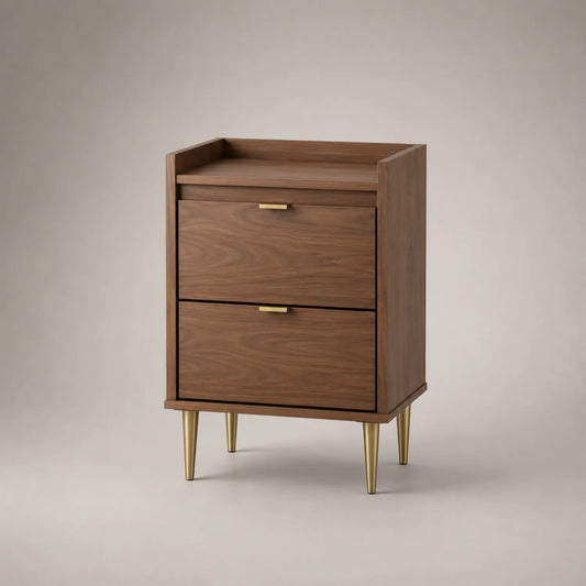 Nachttisch mit 2 Schubladen Walnussholz Braun Gold Metallbeine