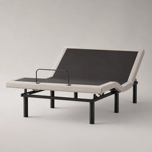 Höhenverstellbares Metall- und Stoffbettgestell, Beige/Schwarz