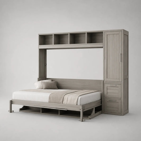 Klappbett mit Regalen und Schrank aus Holz in Grau
