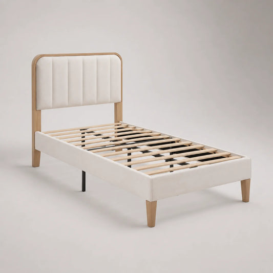 Einzelbett Holz Massivholzrahmen Polyestergewebe Beige 200x90 cm