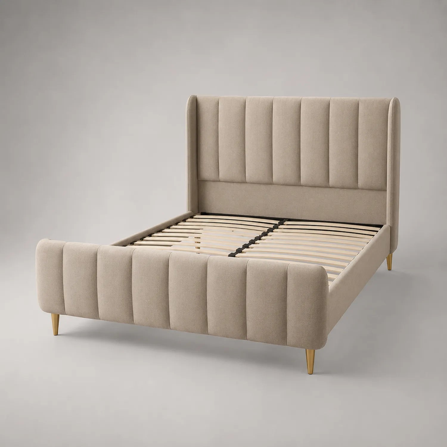 Bett aus Kiefernholz und Polyesterstoff 200x180 cm Beige mit gepolstertem Kopfteil