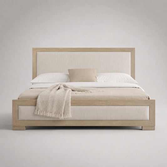 Polsterbett Doppelbett Eichenholzrahmen Leinen Beige 200x180 cm