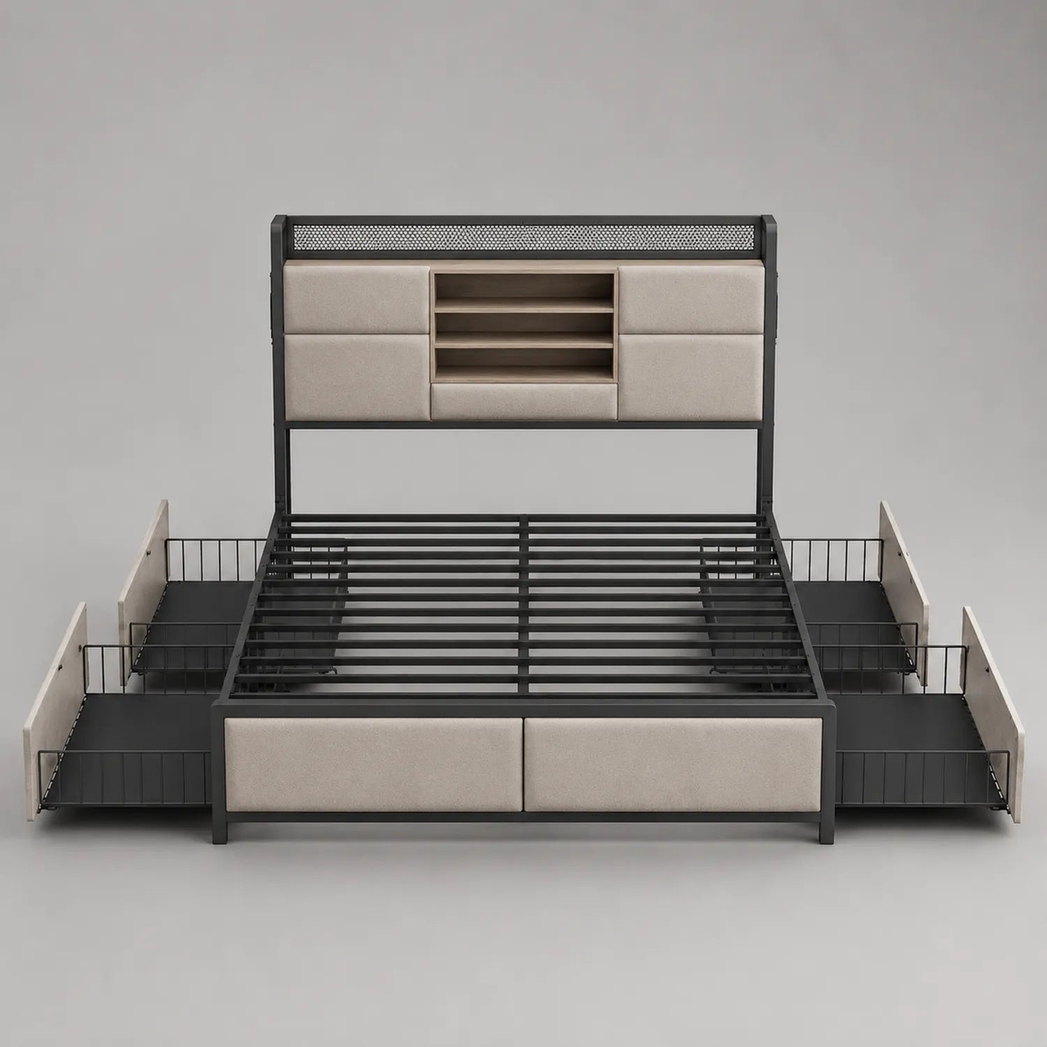 Metallbettgestell mit Polsterrückwand und Schubladen 200x180 cm Beige/Schwarz
