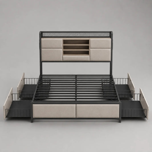 Metallbettgestell mit Polsterrückwand und Schubladen 200x180 cm Beige/Schwarz