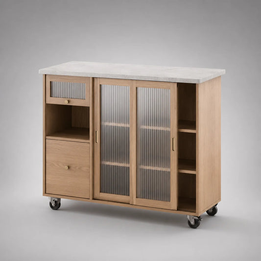 Kücheninsel mit Schiebetüren aus Holz und Glas, mit Schublade und Rollen