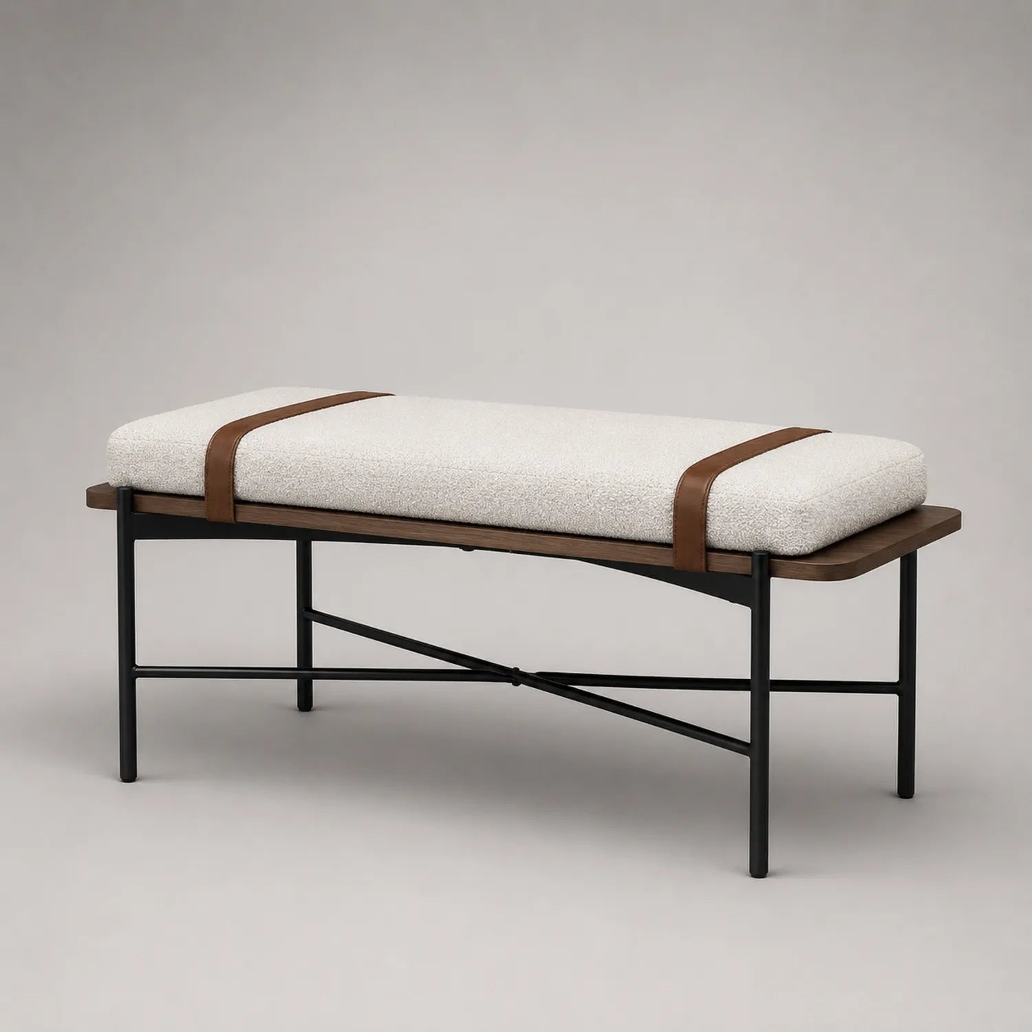 Bank mit Metallgestell, Wollmischung und Kunstleder Beige/Braun 120x40x45cm