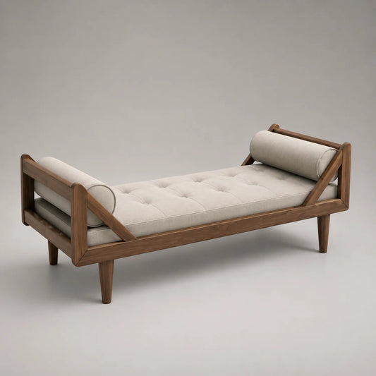 Chaiselongue mit Walnussholzrahmen und Leinenpolsterung, 180 cm Länge