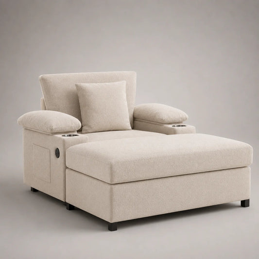 Stoff Chaiselongue mit Metallfüßen und Kissen Beige