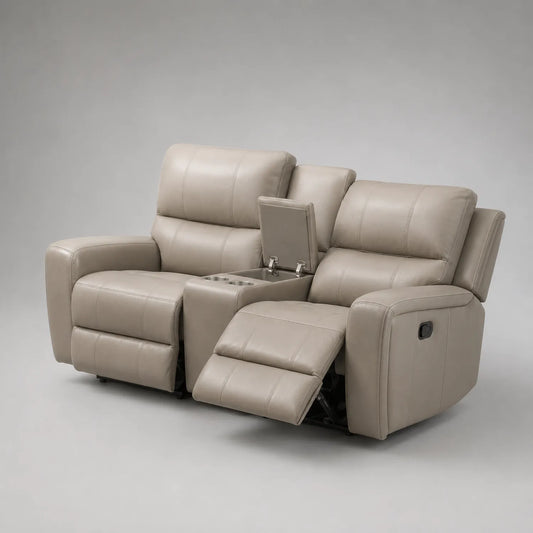 2-Sitzer Ledersofa Beige mit Verstellbarer Rückenlehne und Fußstütze